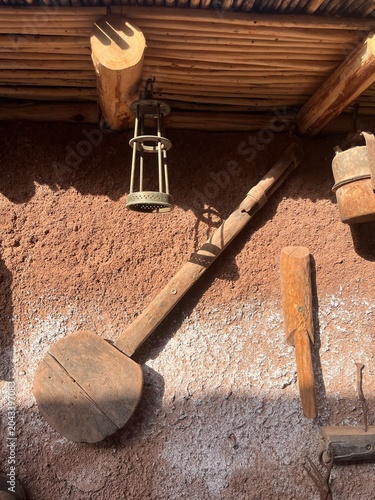 A collection of antique, rustic wooden objects from Morocco. 
