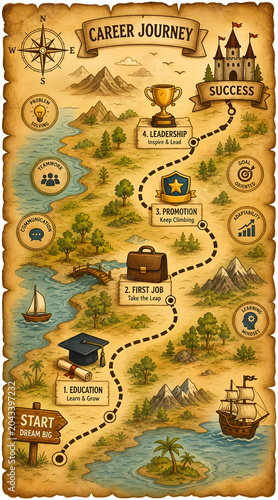Business Career Journey Concept Map with Start Point, Progress Trail, and Achievement Icons