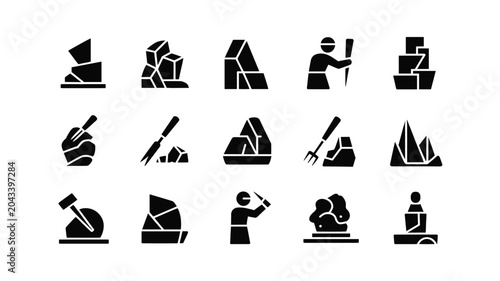 Tableau sur toile Set of 15 Black Stone Carving and Sculpture Icons Vector