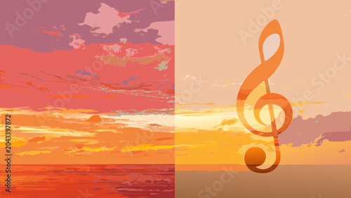 Tableau sur toile Treble Clef Symbol Over Sunset Landscape Vector Illustration