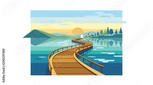 A wooden boardwalk curves gracefully over clear blue water towards a bright glowing portal situated between rolling green hills under a golden sunset horizon.