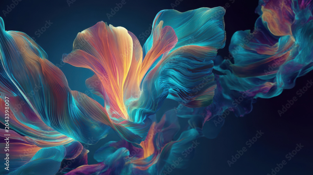 Obraz premium Abstract neon flower petals with glowing blue and yellow lights on dark background, futuristic botanical 3D art
