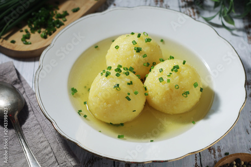 Traditional German and Austrian dish Knodel soup served for lunch	