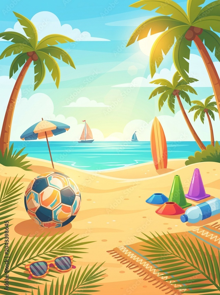 Obraz premium Colorful beach scene with palm trees, a soccer ball, surfboards, and beach toys under a bright sky with sailboats in the distance