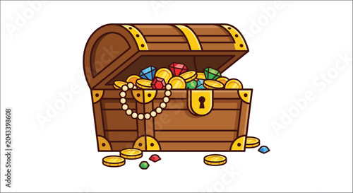 Foto Open Wooden Treasure Chest Filled With Jewels And Gold Coins Vector Illustration