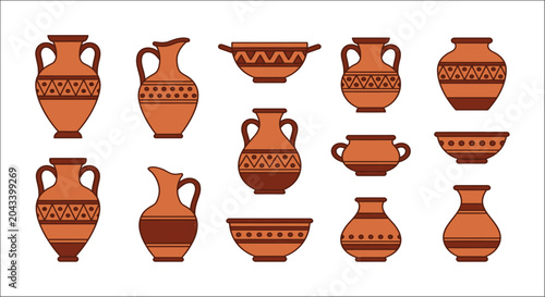 Foto Ancient Pottery Vessels And Bowls Vector Illustration On White Background