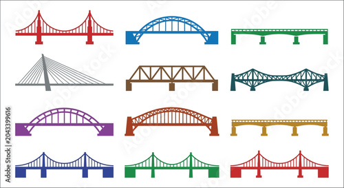 Fotografi Various Bridge Designs Flat Vector Illustration architecture