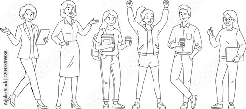 Business people character collection set with student team success celebration and corporate elements vector layout.