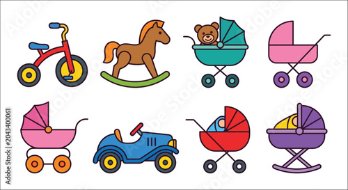 Fotografie Baby Toys And Vehicles Colorful Vector Illustration Set