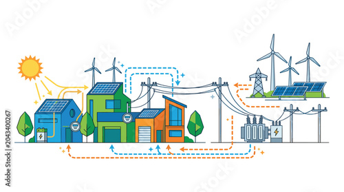 A collection of colorful residential buildings utilizes solar and wind energy sources connected through a network of bidirectional power lines and smart grids.