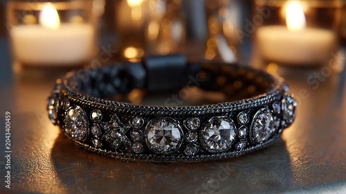 Ornate Antique Dark Metal Bracelet Embellished with Sparkling Crystals and Tealights Glow