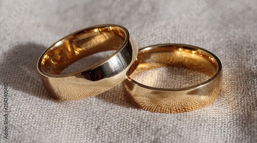 Gleaming Polished Gold Wedding Rings Close Up Detail Macro Shot on Textured Fabric Surface