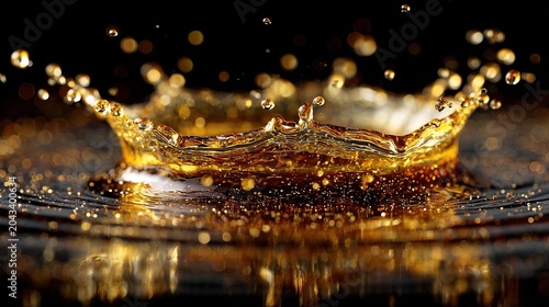 Dynamic Golden Liquid Splash Crown Droplet Formation on Dark Background
