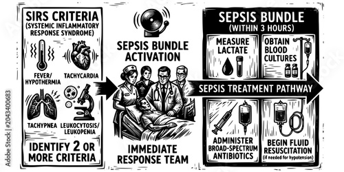Foto Sepsis Bundle Activation Woodcut Black White-SIRS Criteria Arrow Response Team-T
