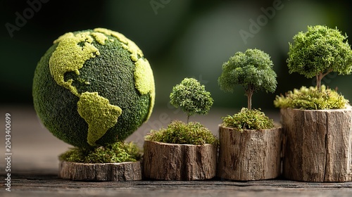 Miniature Green Earth Globe with Growing Trees in Log Planters Symbolizing Environmental Growth