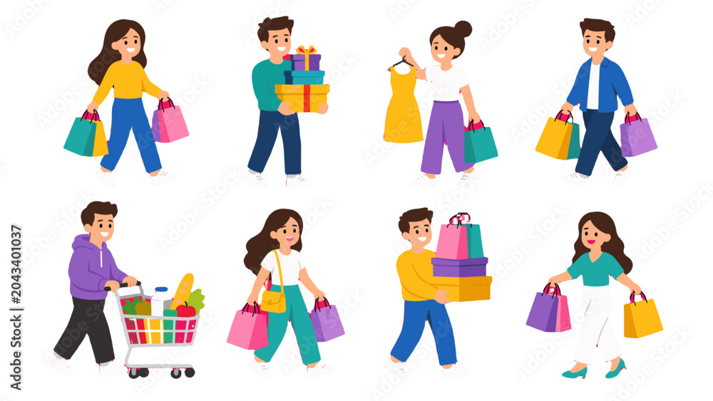 Fototapeta premium Set of shopping people with bags gifts clothes and groceries