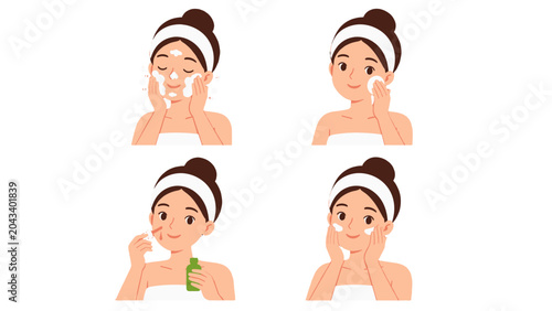 Foto Woman skincare routine steps with cleansing and moisturizing