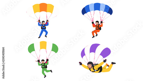 Bild auf Leinwand Set of cartoon skydivers descending with colorful parachutes
