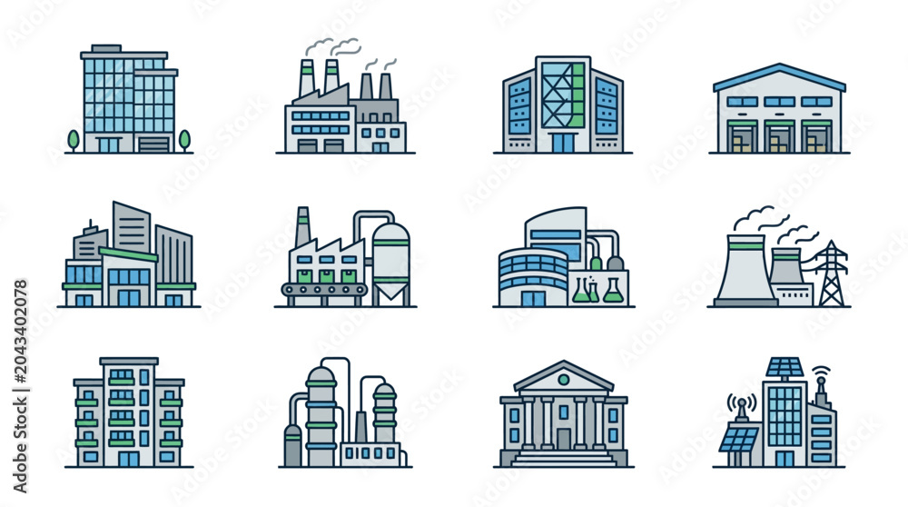Fototapeta premium Industrial buildings and factory icons.