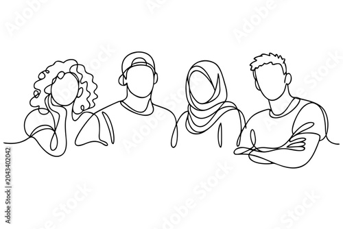 Continuous one line drawing of diverse people group, faceless team portrait isolated transparent background for community, friendship, diversity, teamwork, social media and inclusion designs