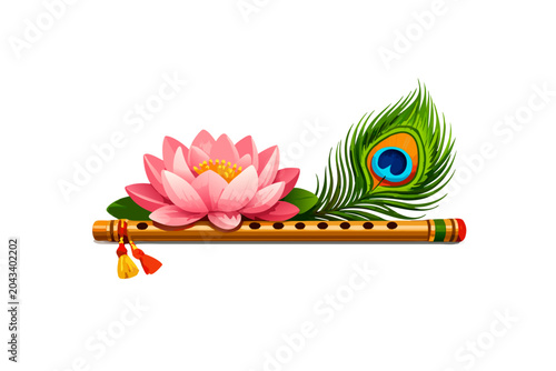 Golden Krishna flute with pink lotus flower and peacock feather, festive Indian spiritual vector illustration isolated on transparent background