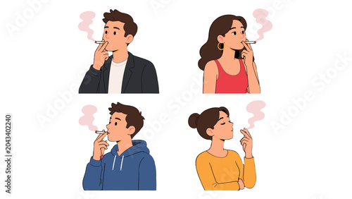 Foto Set of male and female characters smoking cigarettes
