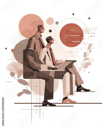 Two professionals with headsets working at laptops beside abstract circular data dashboard illustration