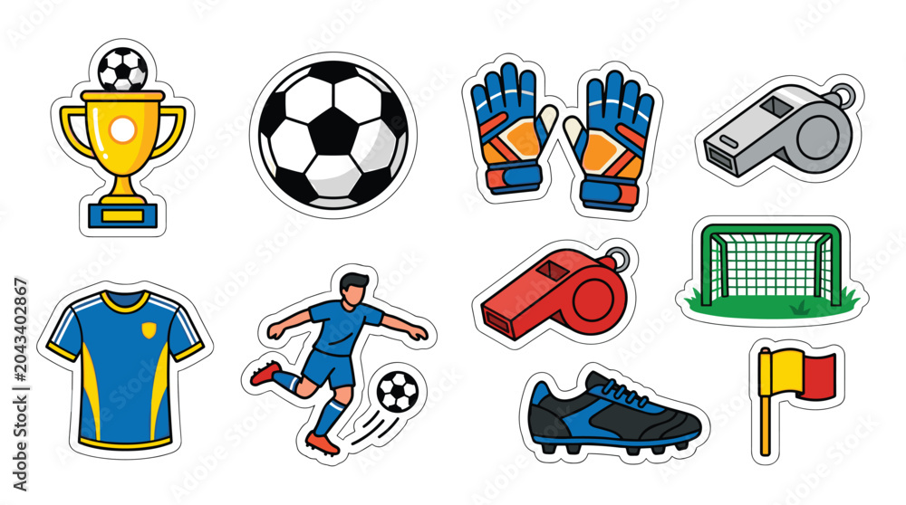 Fototapeta premium Collection of vibrant soccer icons featuring a golden winner trophy and goalkeeper gloves isolated against a clean neutral white background for sports design.