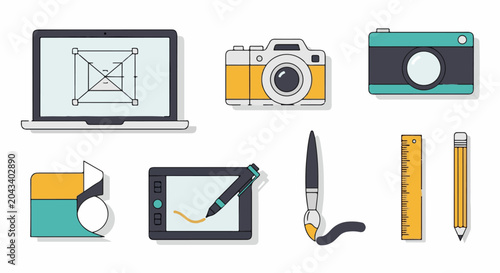Flat design icons of creative tools including a laptop, cameras, a tablet, a brush, and art supplies