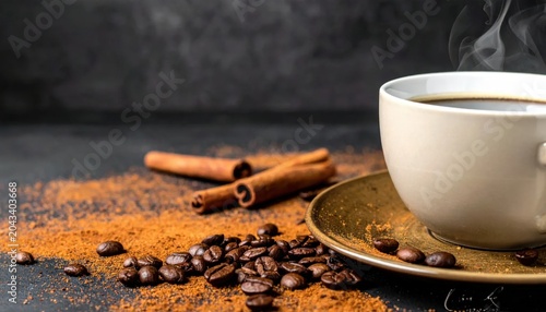 Aromatic Coffee With Cinnamon Sticks and Beans on a Dark Surface, Invigorating Morning Brew