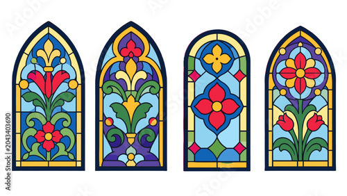 Konstfotografi Set of colorful stained glass windows with floral ornament