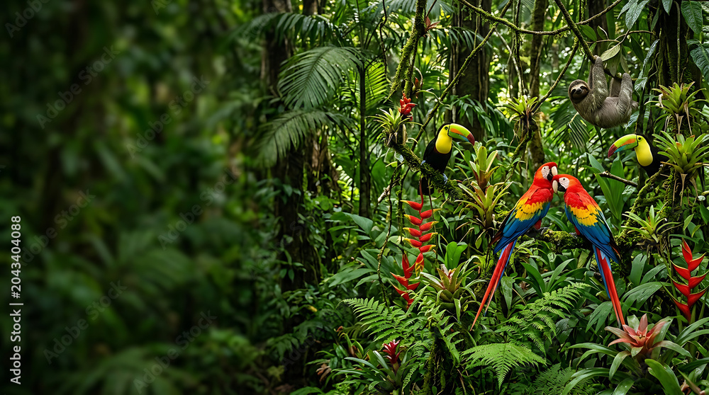 Obraz premium Vibrant wildlife including macaws and sloth in a lush jungle setting
