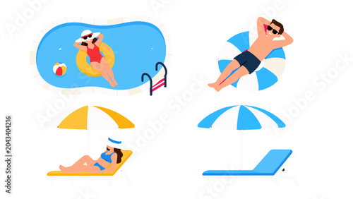 Foto Top view poolside summer vacation vector set with loungers