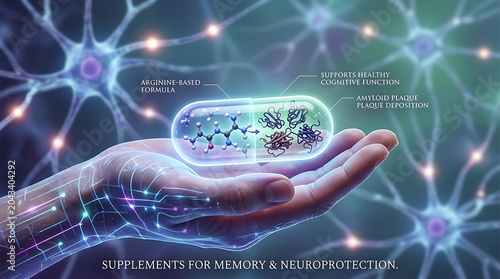 Human hand holding a medicinal capsule pill representing arginine supplement and amyloid deposition suppression for memory enhancement and psychotropic healthcare treatment.