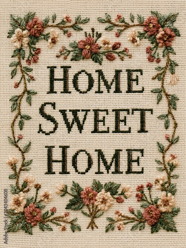 Broderie décorative avec message Home Sweet Home entouré de fleurs