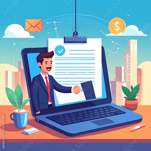 A cartoon man in a suit extends hand from a laptop screen with a document and checklist, amidst office items and cityscape