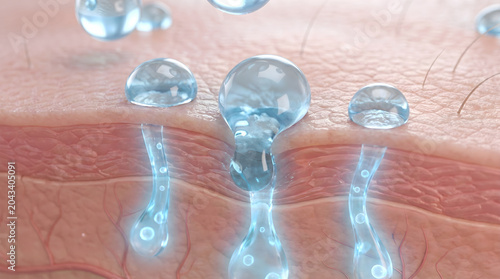 Active moisture molecules deeply absorb into dermal tissue to replenish skin barrier hydration. 3D rendering.