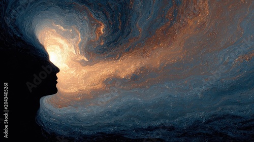 Abstract Silhouette Profile of a Woman with Flowing Energy Swirls and Vibrant Light