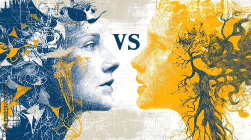 Stylized Abstract Artistic Face Profile Versus Battle Concept Illustration