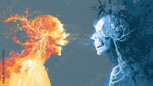 Abstract Artistic Representation of Contrasting Fire and Ice Human Skulls with Organic Branching Structures