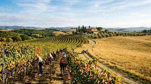 Workers harvesting grapes in a scenic rural vineyard landscape