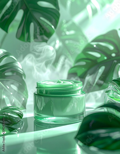 Botanical Glass Oasis: Frosted green glass skincare cream jar product advertisement with calm nature leaf background evoking peaceful refreshing mood