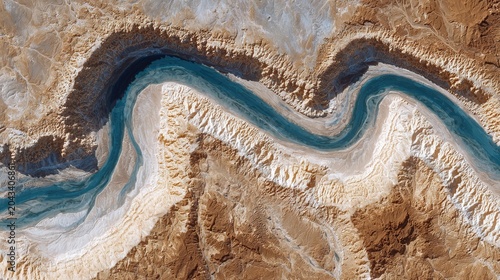 Vivid Aerial View of a Winding River Flowing Through Arid, Rugged Desert Landscape
