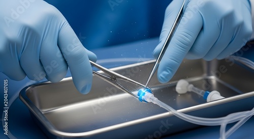 Medical professional handling surgical tools tray.