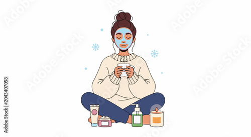 Cozy winter self-care with a face mask and hot drink
