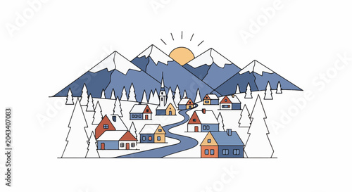 Cozy winter village nestled among snow-capped mountains under a sunrise