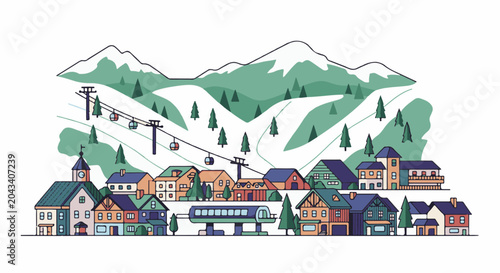 Cozy mountain village with ski lifts, gondolas, and snowy peaks
