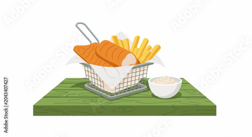Crispy fish fillets and golden fries in a metal basket with dipping sauce