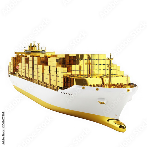 Golden cargo container ship on a simple clean background isolated on transparent background