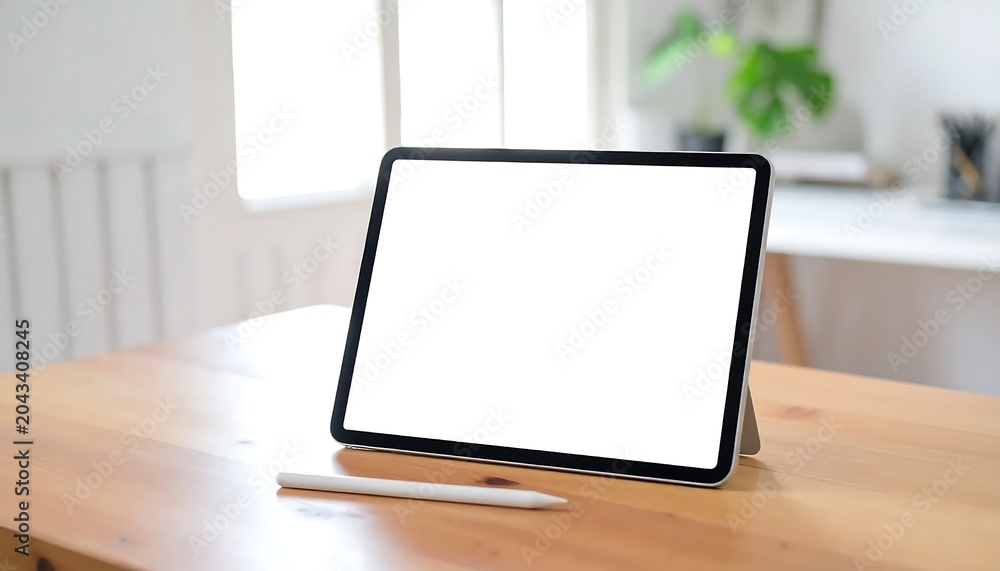 Fototapeta premium Modern Tablet with Blank Screen Resting on Wooden Desk in Bright Home Office